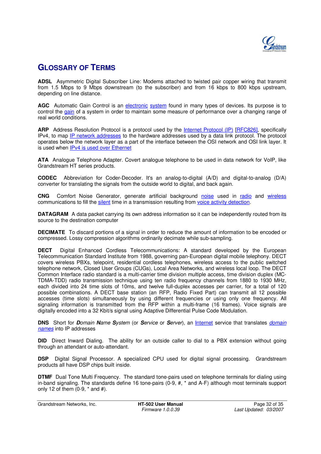 Grandstream Networks HT-502 user manual Glossary of Terms 