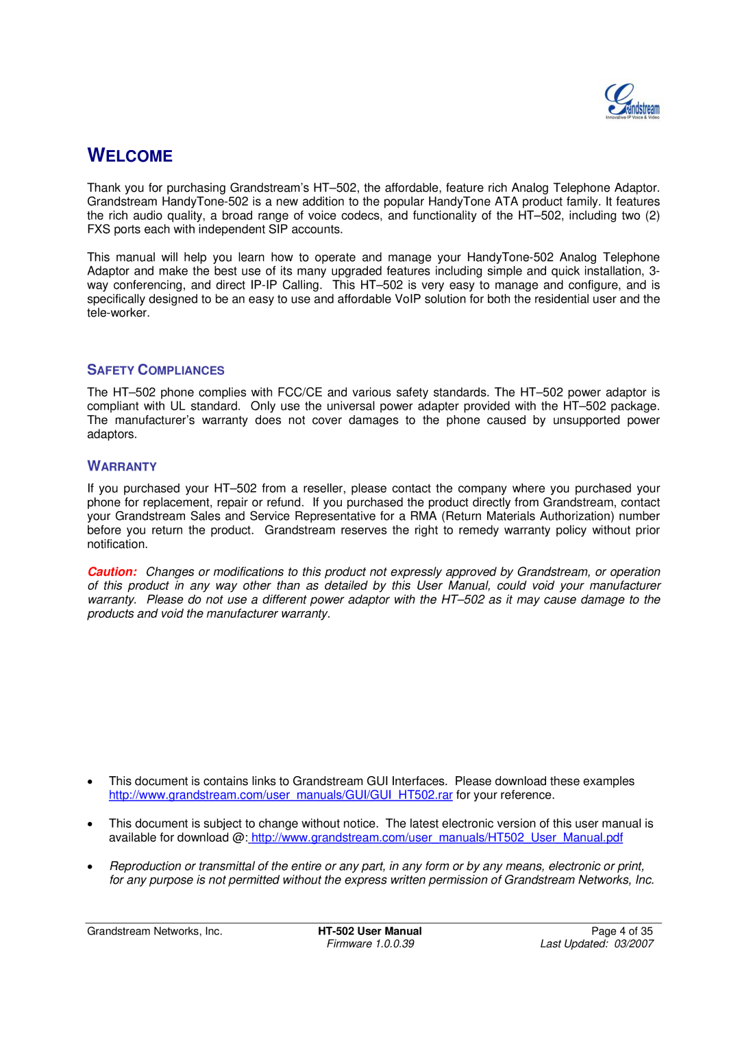 Grandstream Networks HT-502 user manual Welcome 