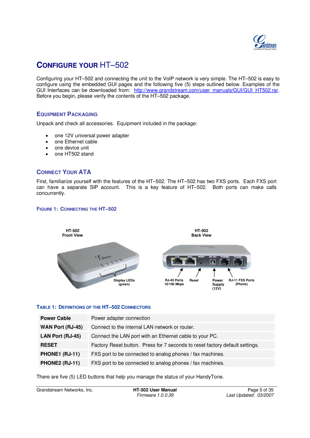 Grandstream Networks Configure Your HT-502, Power Cable WAN Port RJ-45 LAN Port RJ-45, Reset, PHONE1 RJ-11 PHONE2 RJ-11 