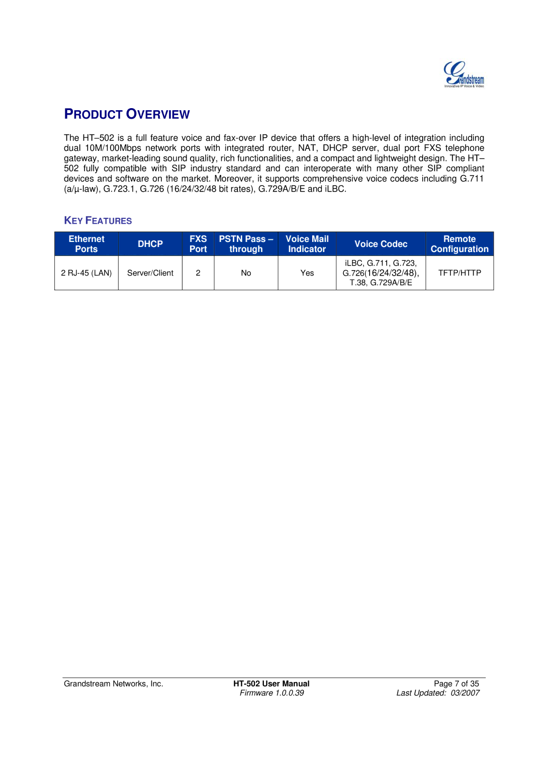 Grandstream Networks HT-502 user manual Product Overview, Dhcp FXS 