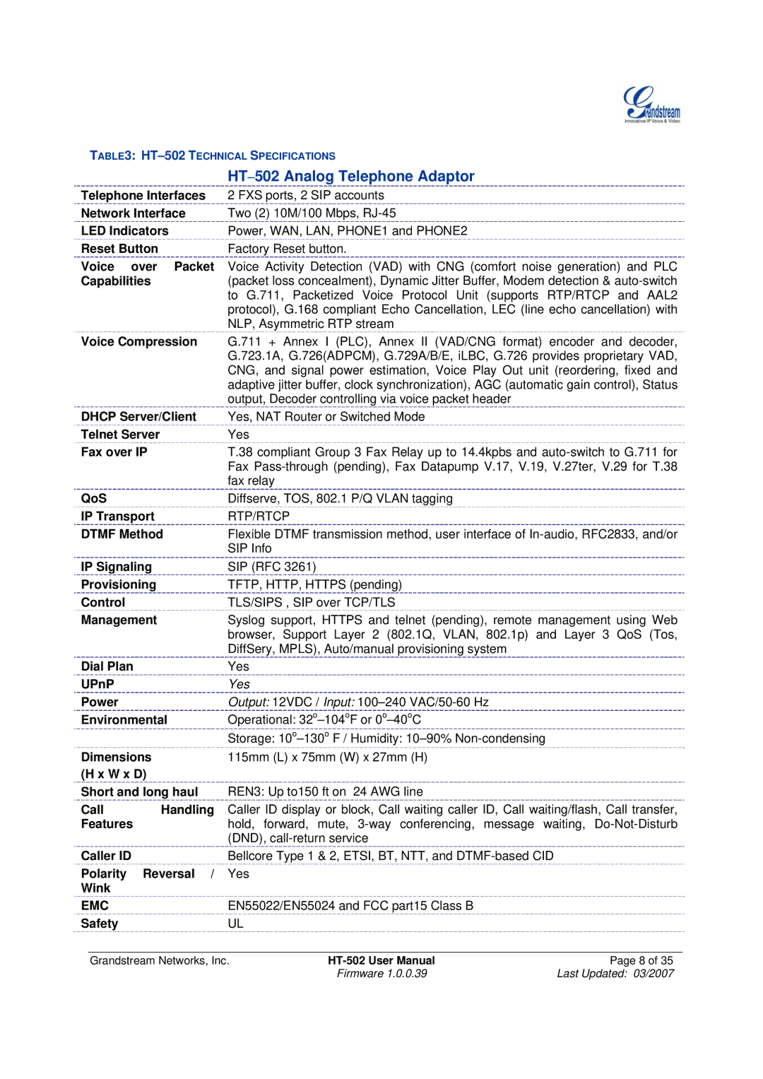 Grandstream Networks HT-502 user manual Emc 