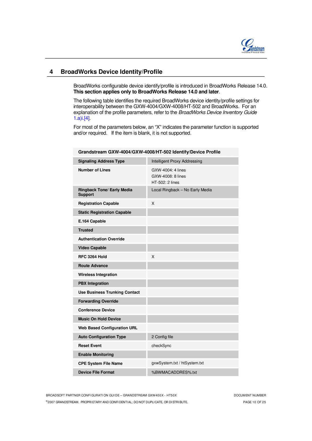 Grandstream Networks HT-50X, GXW-400X FXS manual BroadWorks Device Identity/Profile 