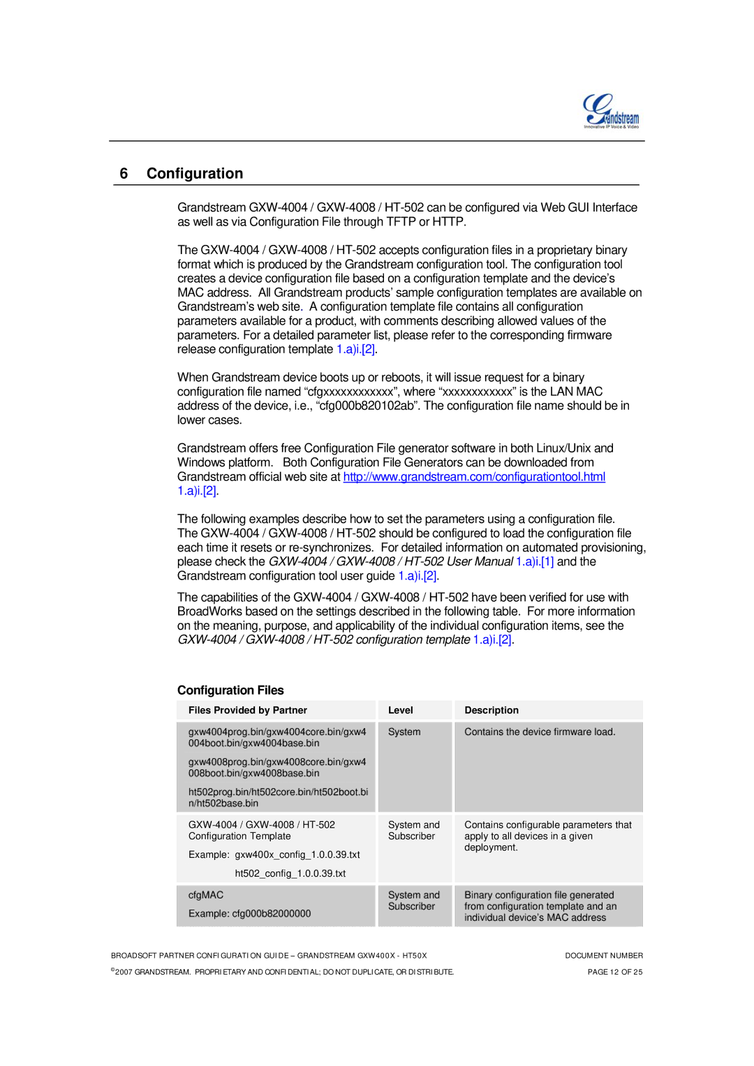 Grandstream Networks HT-50X, GXW-400X FXS manual Configuration, Files Provided by Partner Level Description 