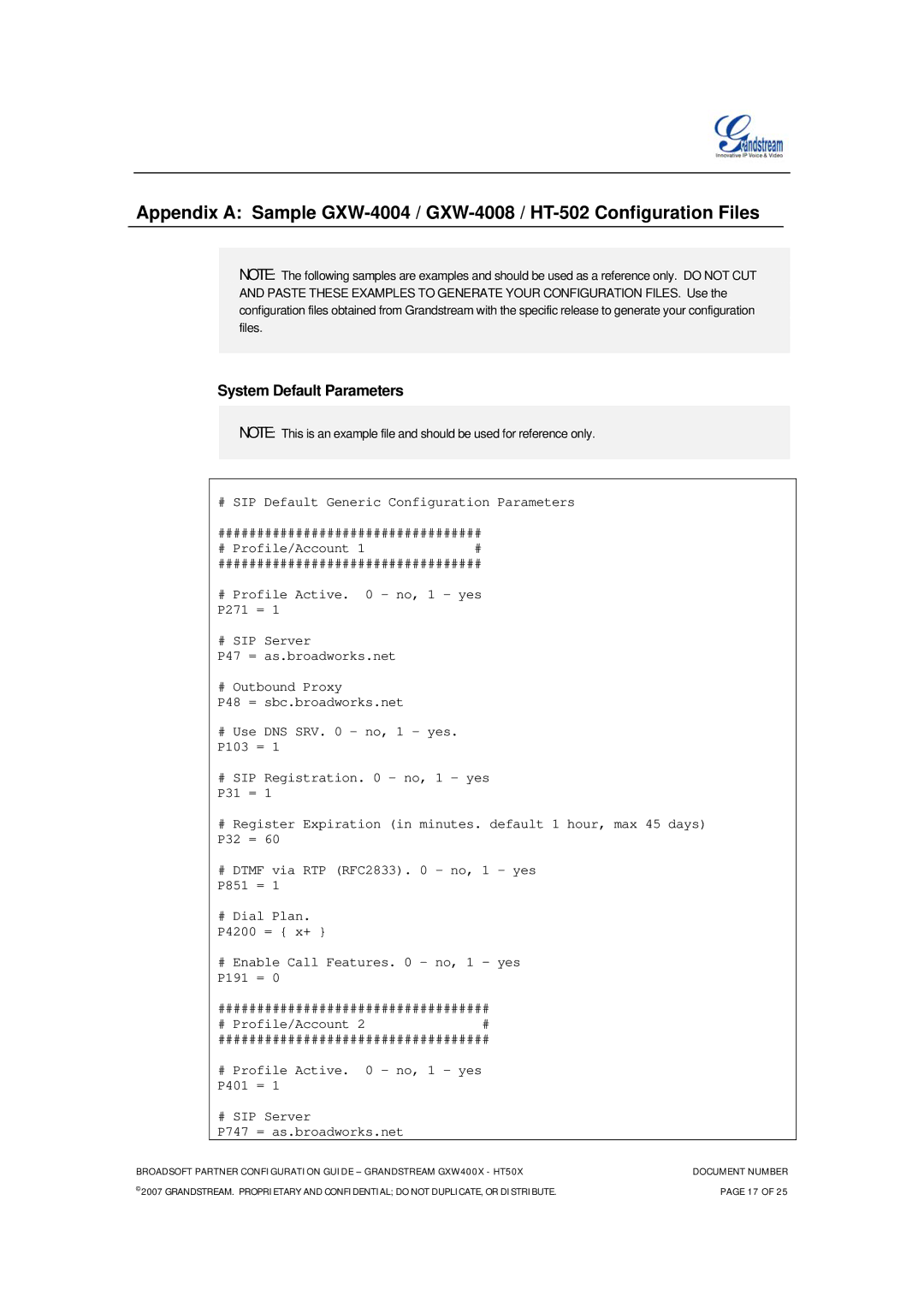 Grandstream Networks GXW-400X FXS, HT-50X manual System Default Parameters 