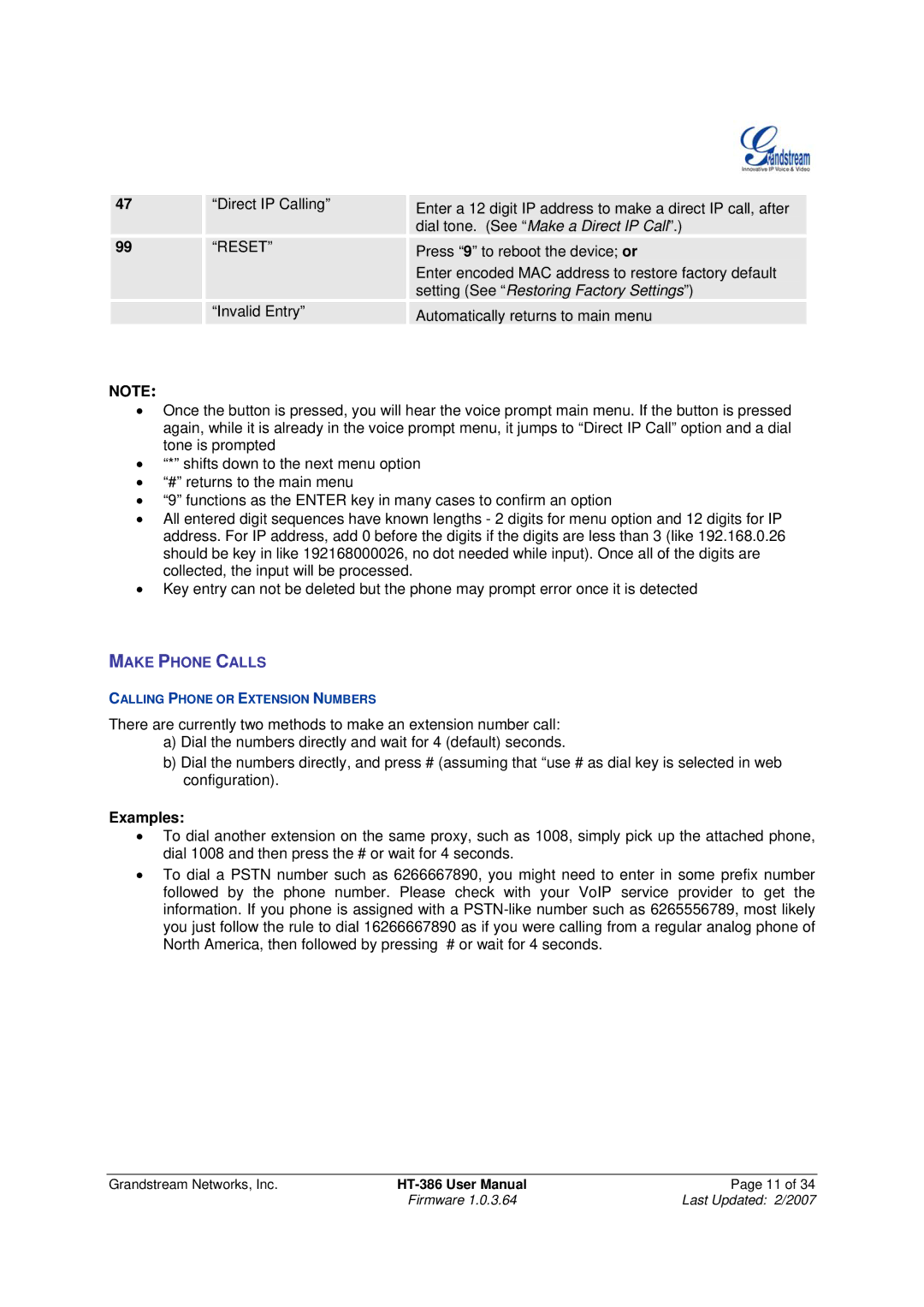 Grandstream Networks HT386 user manual Reset, Examples 