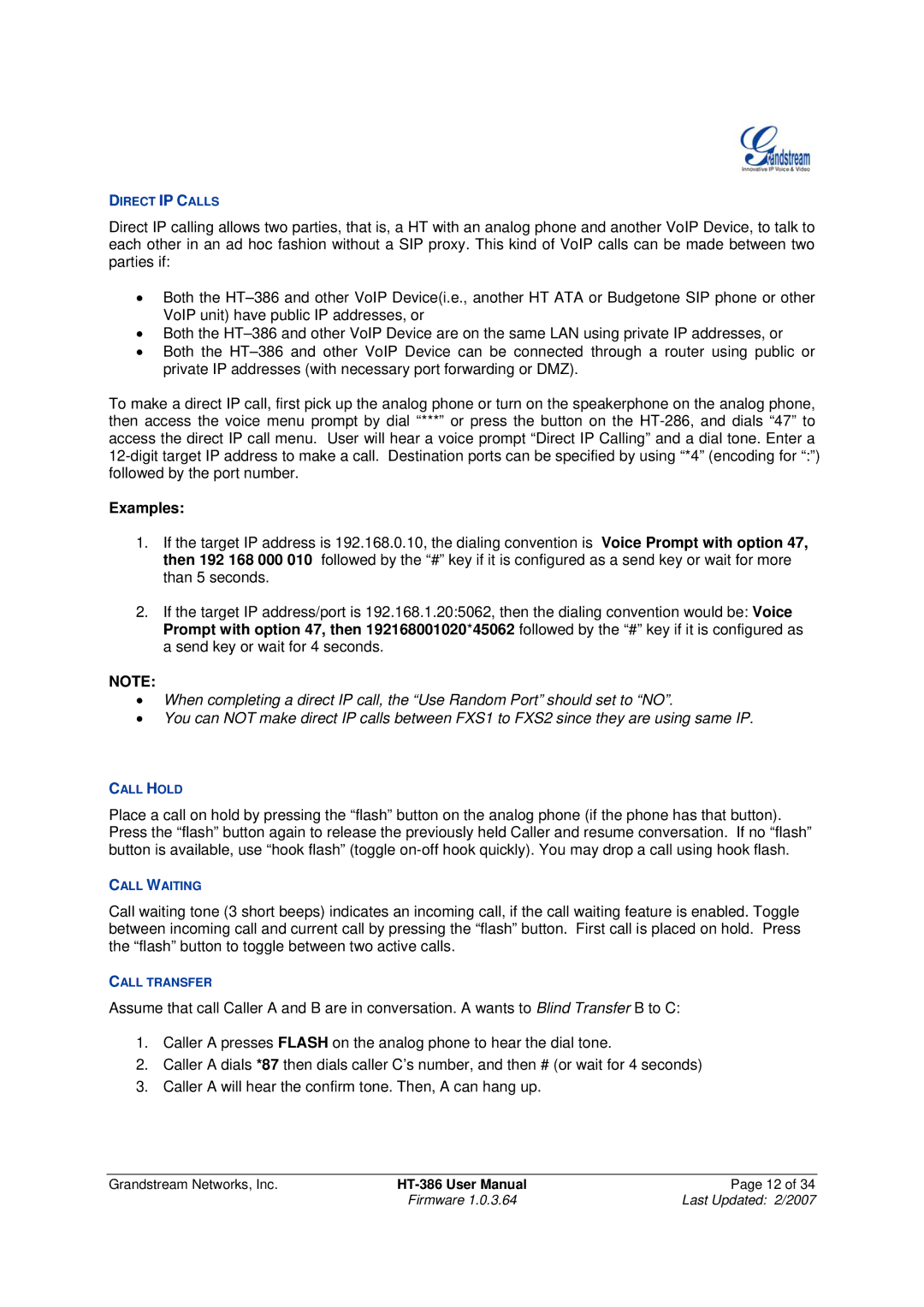 Grandstream Networks HT386 user manual Direct IP Calls 