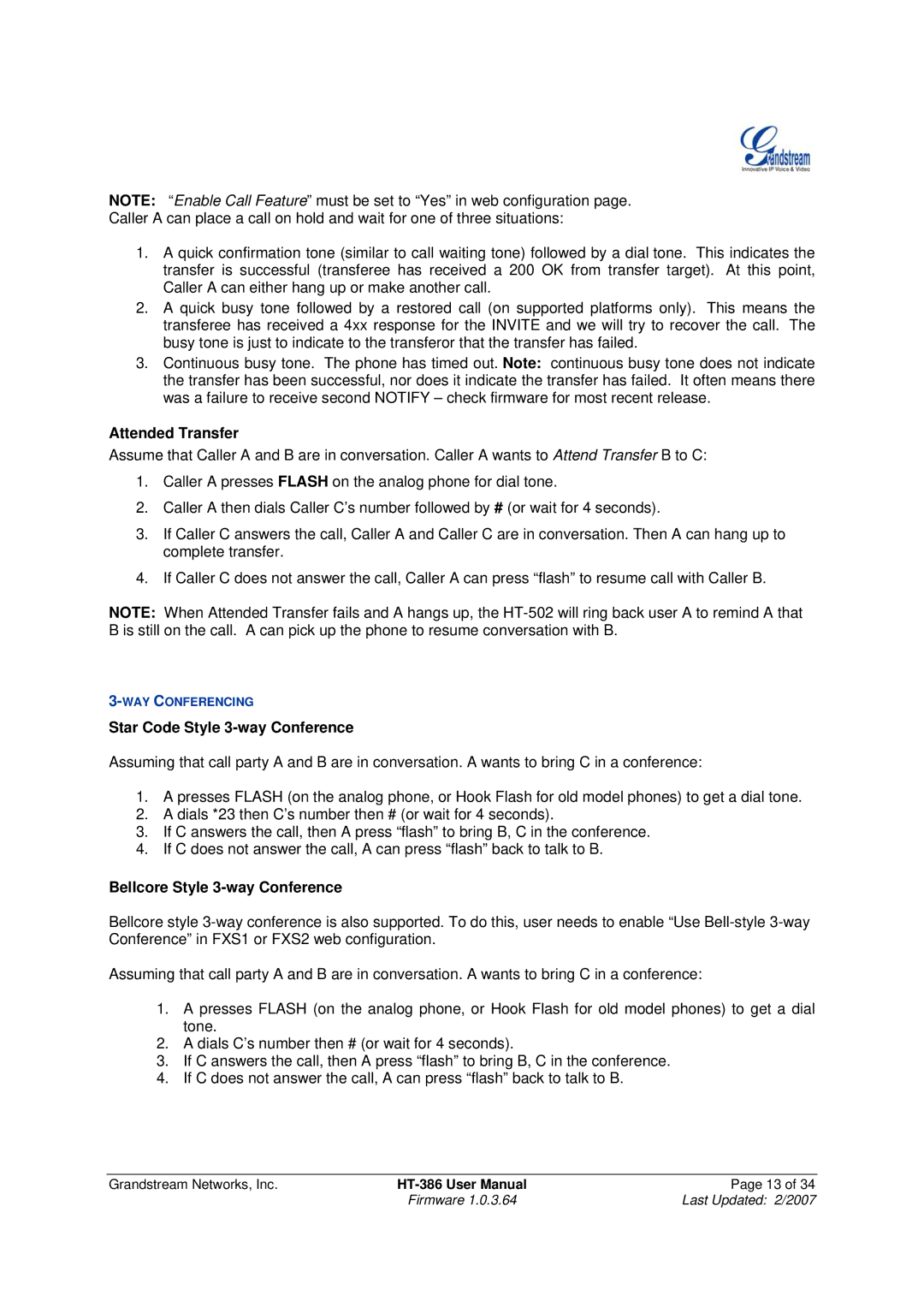 Grandstream Networks HT386 user manual Attended Transfer, Star Code Style 3-way Conference, Bellcore Style 3-way Conference 