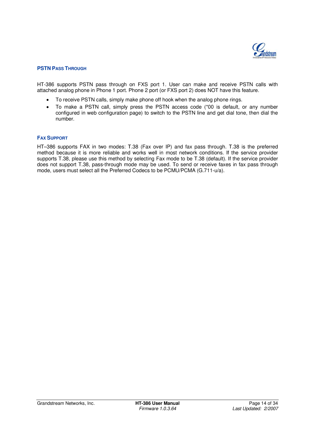 Grandstream Networks HT386 user manual Pstn Pass Through 