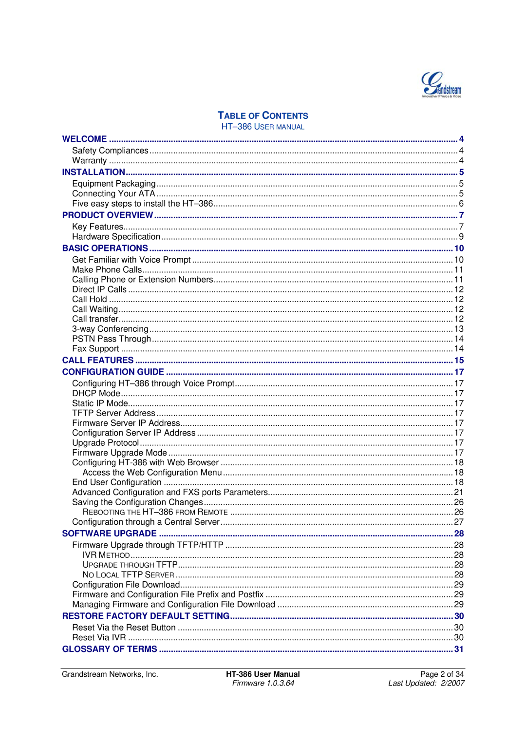 Grandstream Networks HT386 user manual Table of Contents 