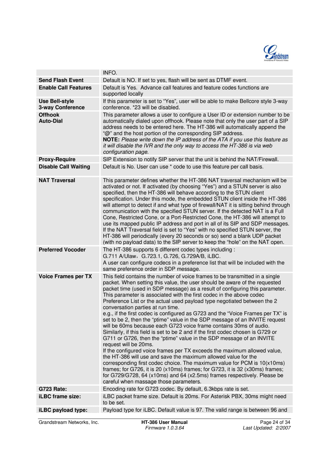 Grandstream Networks HT386 Send Flash Event, Enable Call Features, Use Bell-style, Way Conference, Offhook, Auto-Dial 