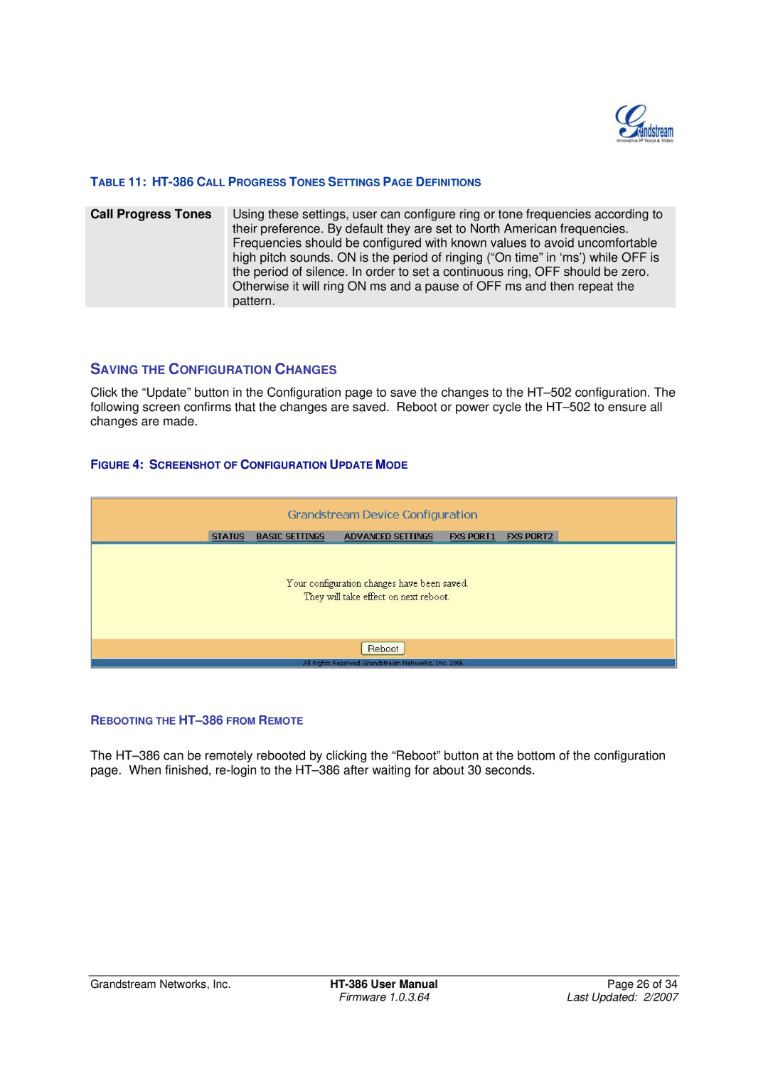 Grandstream Networks HT386 user manual Call Progress Tones, Screenshot of Configuration Update Mode 