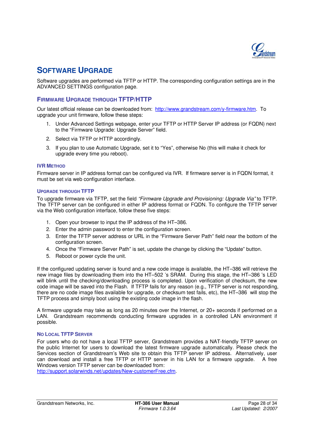 Grandstream Networks HT386 user manual Software Upgrade, IVR Method 