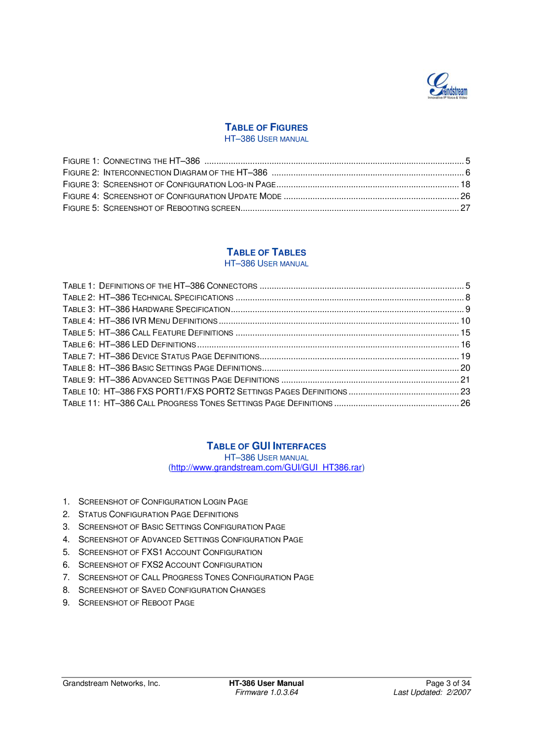 Grandstream Networks HT386 user manual Table of Figures 