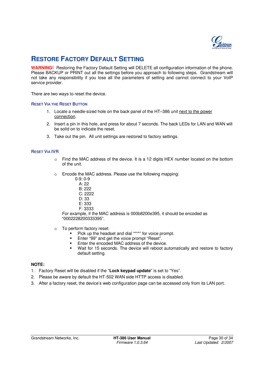 Grandstream Networks HT386 user manual Restore Factory Default Setting 