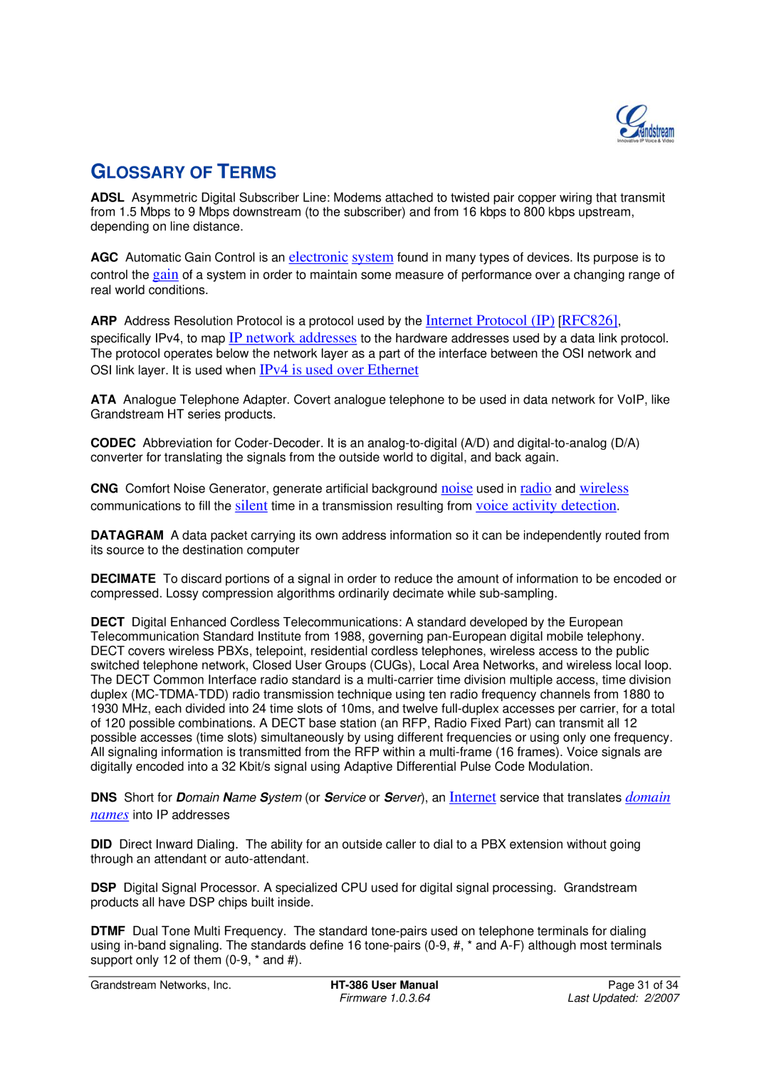 Grandstream Networks HT386 user manual Glossary of Terms 