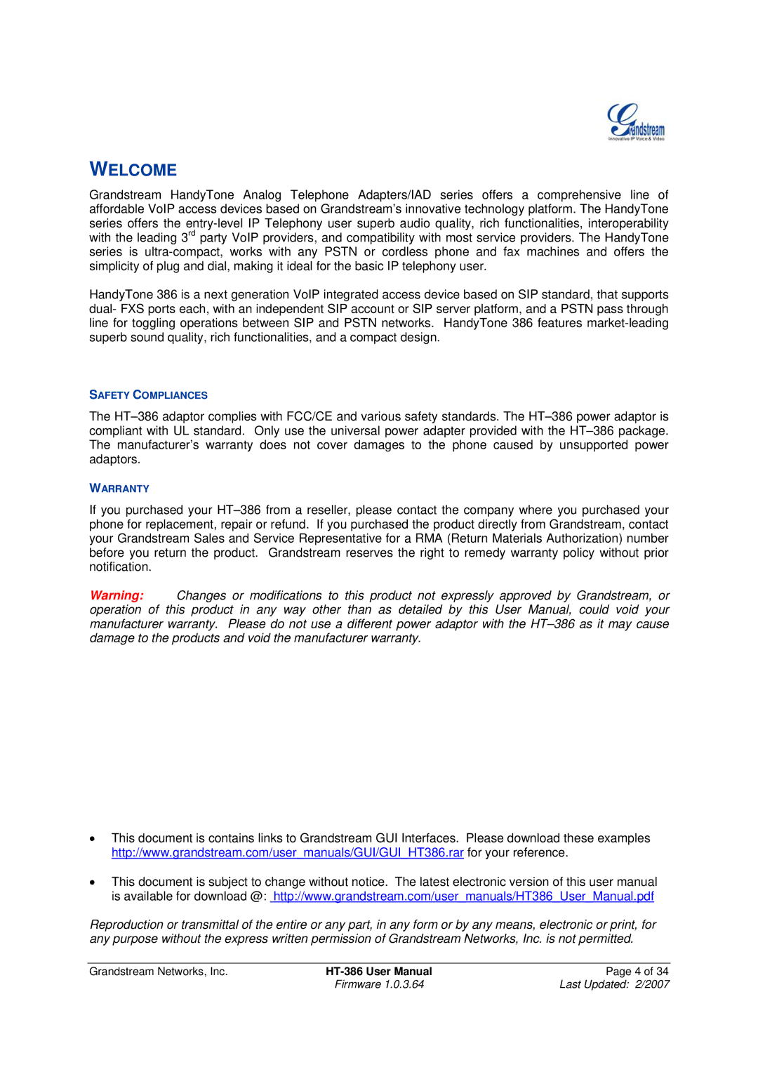 Grandstream Networks HT386 user manual Welcome 