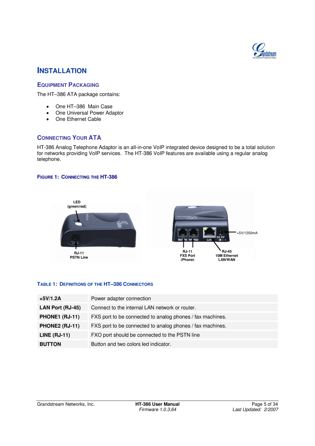 Grandstream Networks HT386 user manual Installation, Button and two colors led indicator 