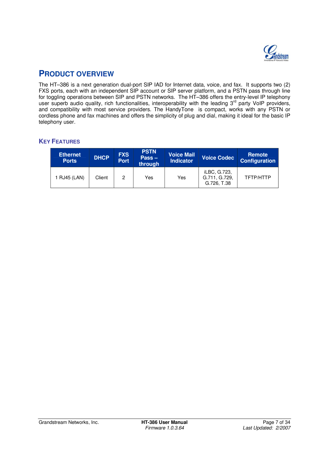 Grandstream Networks HT386 user manual Product Overview, Dhcp 