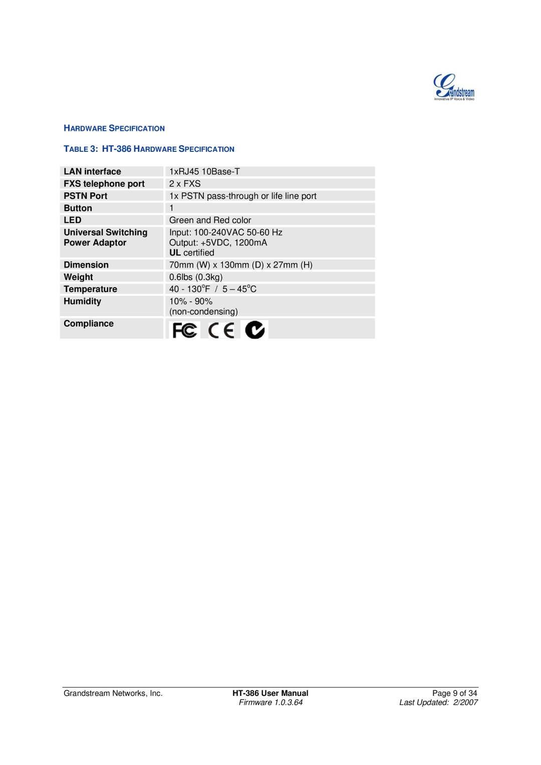 Grandstream Networks HT386 LAN interface, FXS telephone port, Pstn Port, Button, Universal Switching, Power Adaptor 