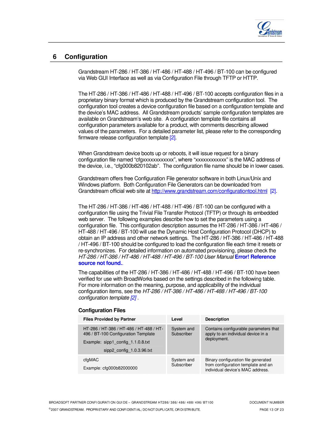 Grandstream Networks HT286, HT496, HT386, HT486, HT488 Configuration Files, Files Provided by Partner Level Description 