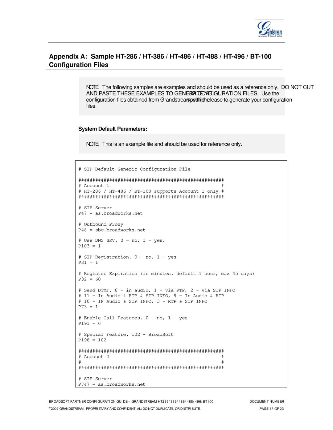 Grandstream Networks HT486, HT496, HT386, HT286, HT488 manual System Default Parameters 