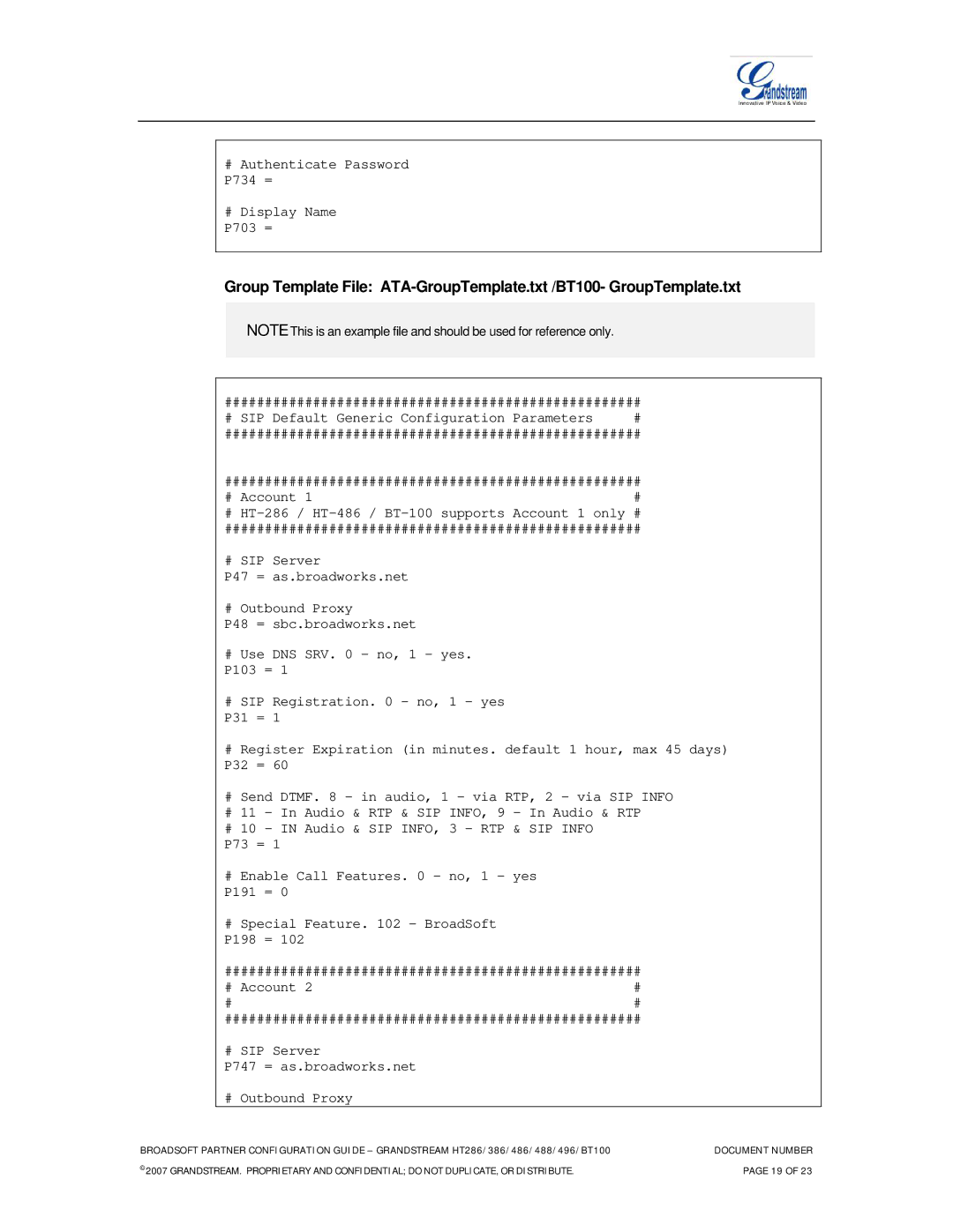 Grandstream Networks HT488, HT496, HT386, HT486, HT286 manual # Authenticate Password P734 = # Display Name P703 = 