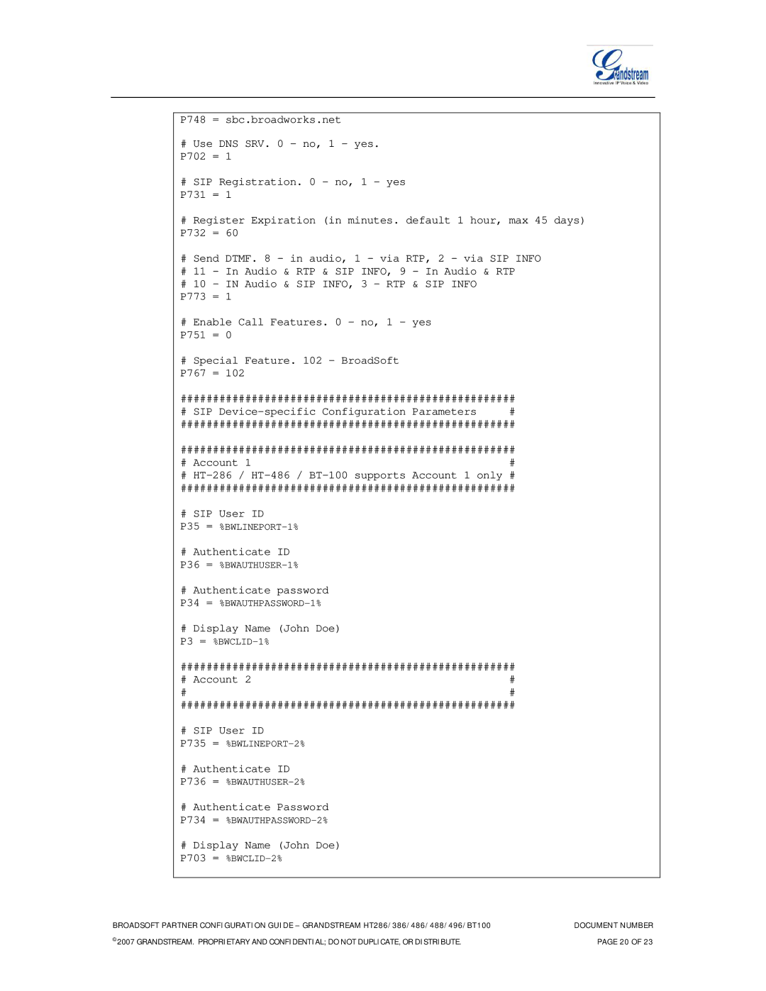 Grandstream Networks HT496, HT386, HT486, HT286, HT488 manual # Display Name John Doe P703 = %BWCLID-2% 