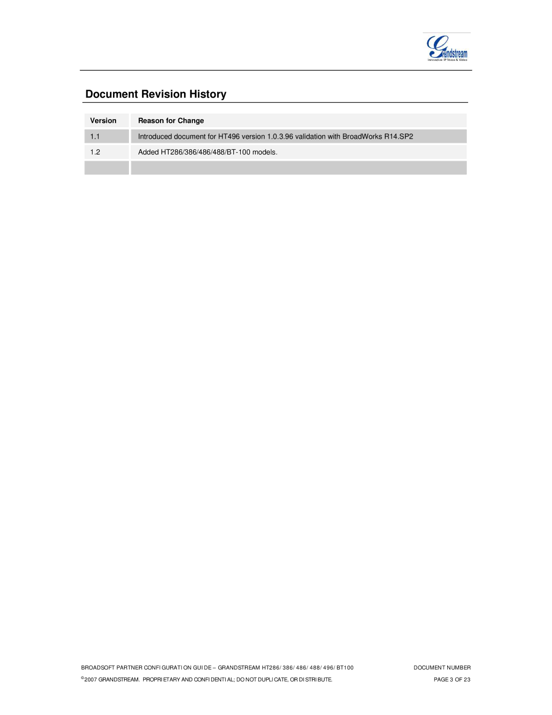 Grandstream Networks HT286, HT496, HT386, HT486, HT488 manual Document Revision History, Version Reason for Change 