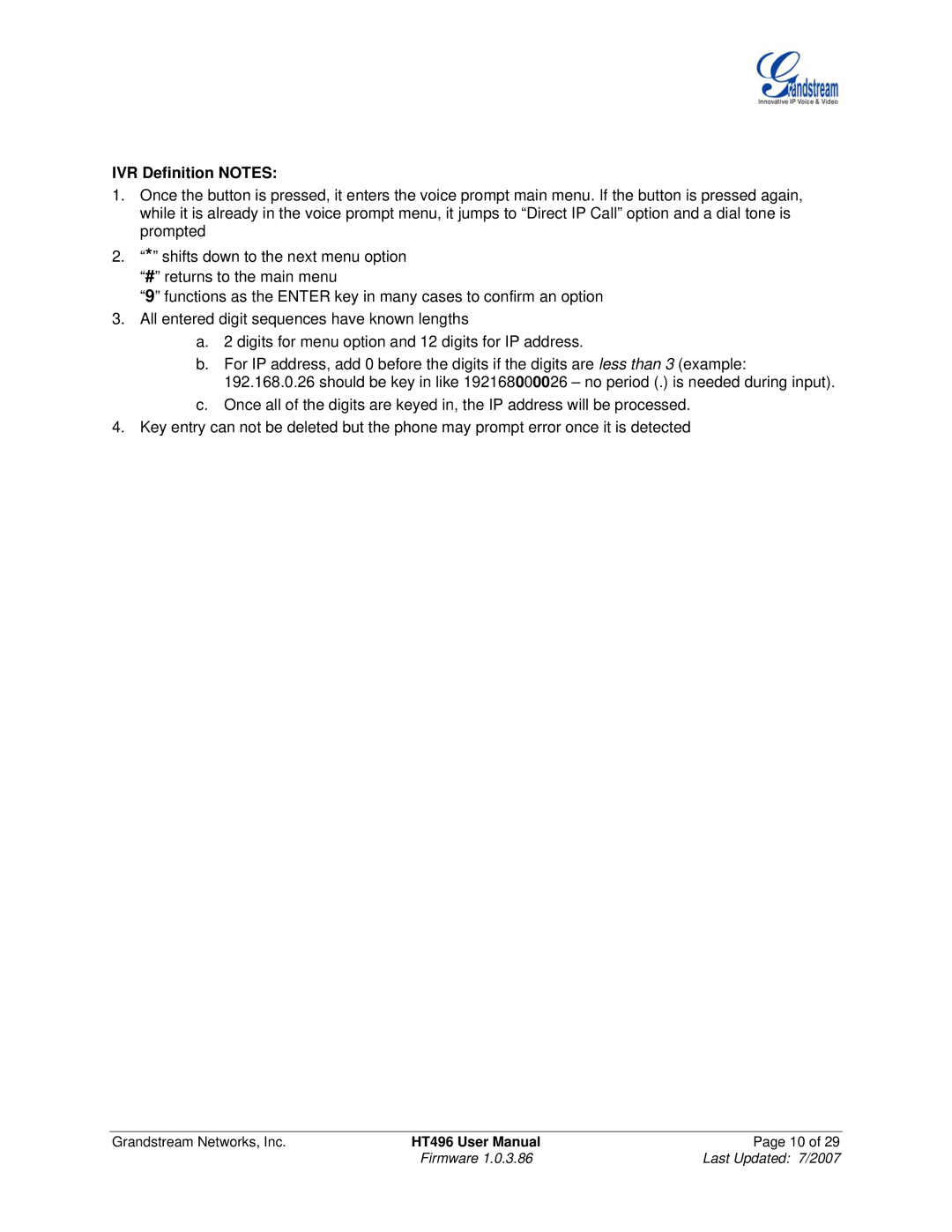 Grandstream Networks HT496 user manual IVR Definition Notes 