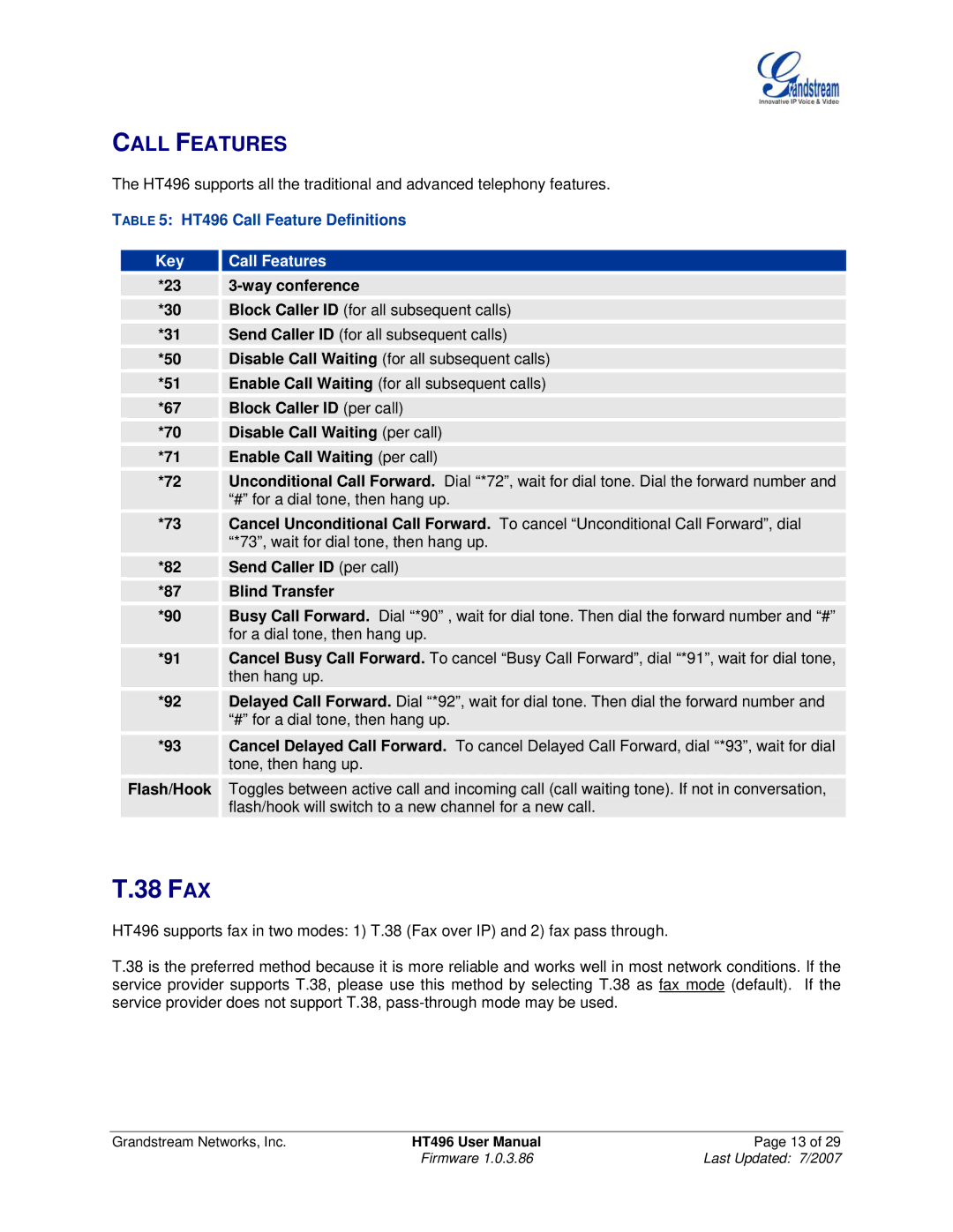 Grandstream Networks user manual Call Features, HT496 Call Feature Definitions 