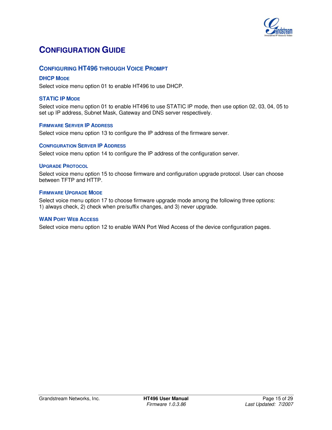 Grandstream Networks user manual Configuration Guide, Configuring HT496 Through Voice Prompt Dhcp Mode, Static IP Mode 