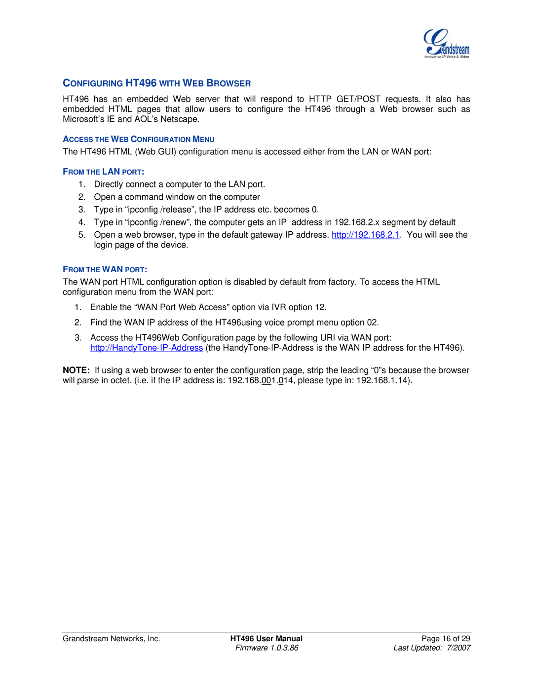 Grandstream Networks user manual Configuring HT496 with WEB Browser 