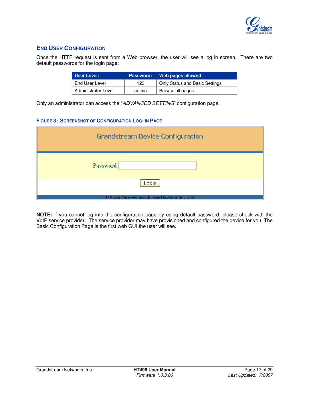 Grandstream Networks HT496 user manual END User Configuration, User Level Password Web pages allowed 