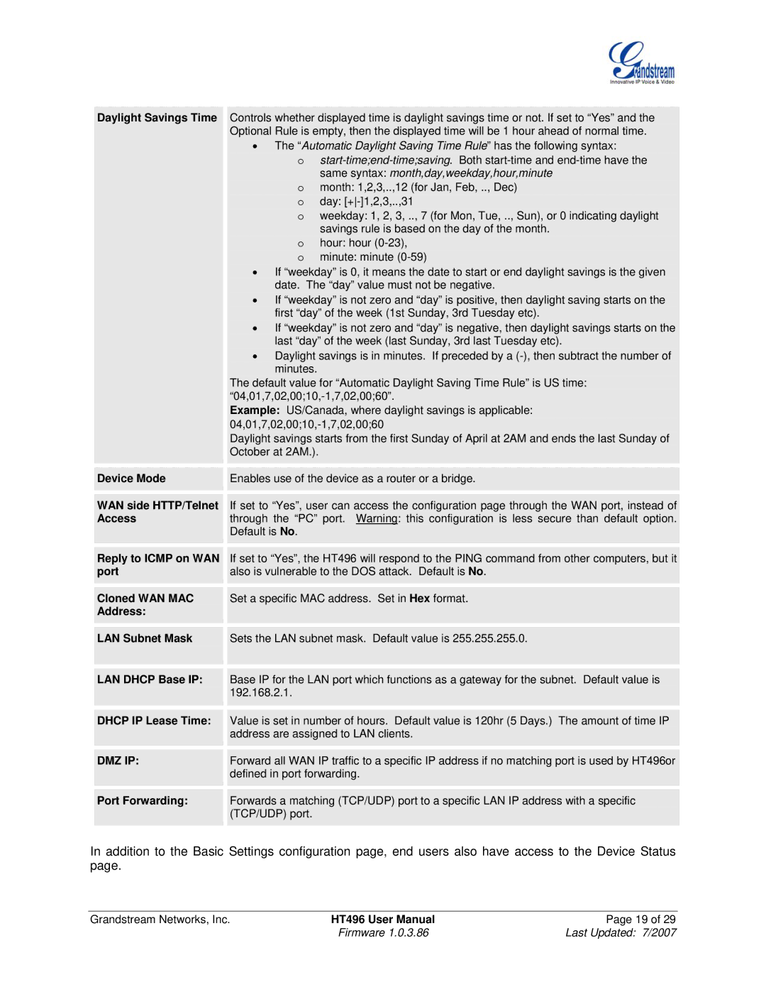 Grandstream Networks HT496 Daylight Savings Time, Device Mode, WAN side HTTP/Telnet, Access, Reply to Icmp on WAN, Port 