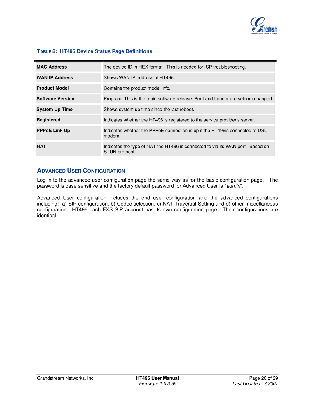 Grandstream Networks user manual HT496 Device Status Page Definitions, Advanced User Configuration 