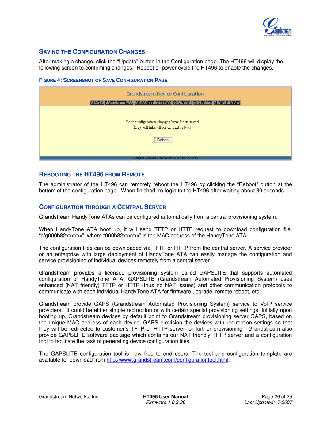 Grandstream Networks user manual Saving the Configuration Changes, Rebooting the HT496 from Remote 