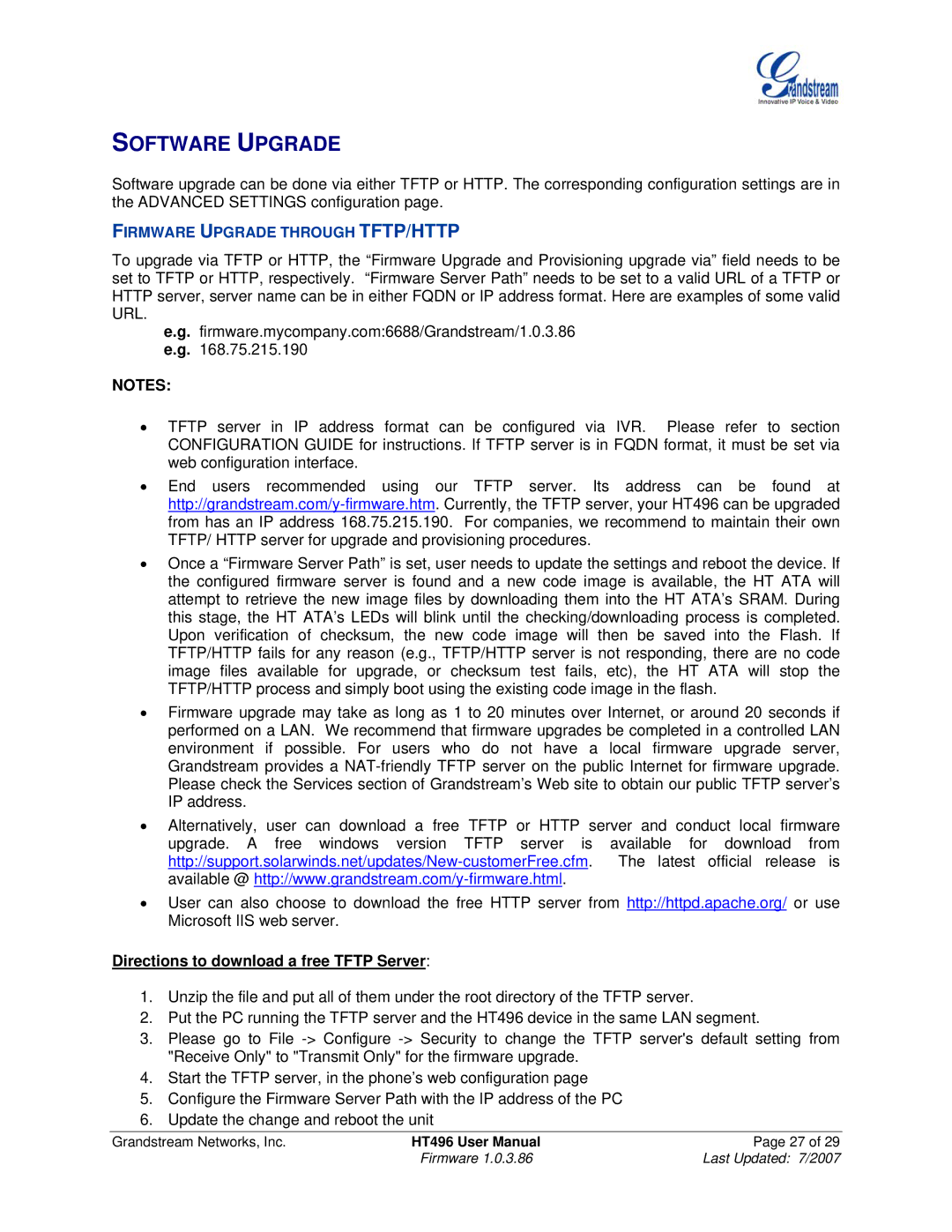 Grandstream Networks HT496 user manual Software Upgrade, Firmware Upgrade Through TFTP/HTTP 