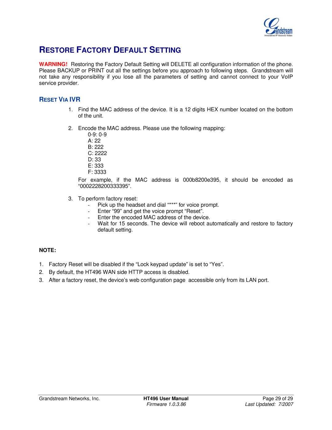 Grandstream Networks HT496 user manual Restore Factory Default Setting, Reset VIA IVR 