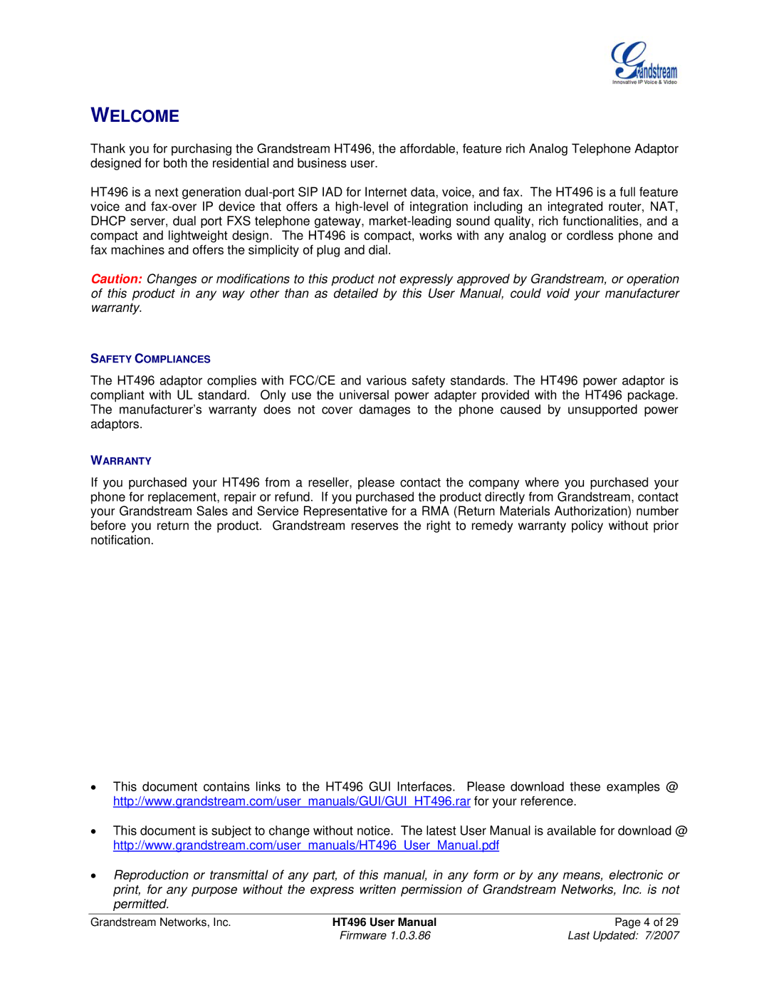 Grandstream Networks HT496 user manual Welcome 