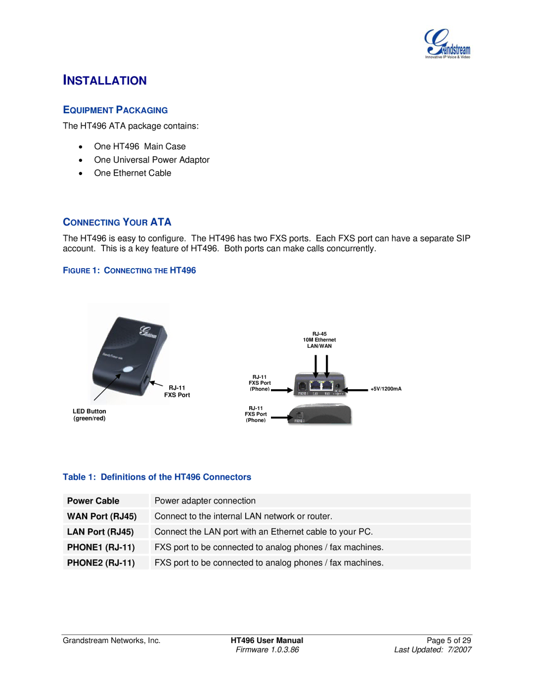 Grandstream Networks Installation, Equipment Packaging, Connecting Your ATA, Definitions of the HT496 Connectors 