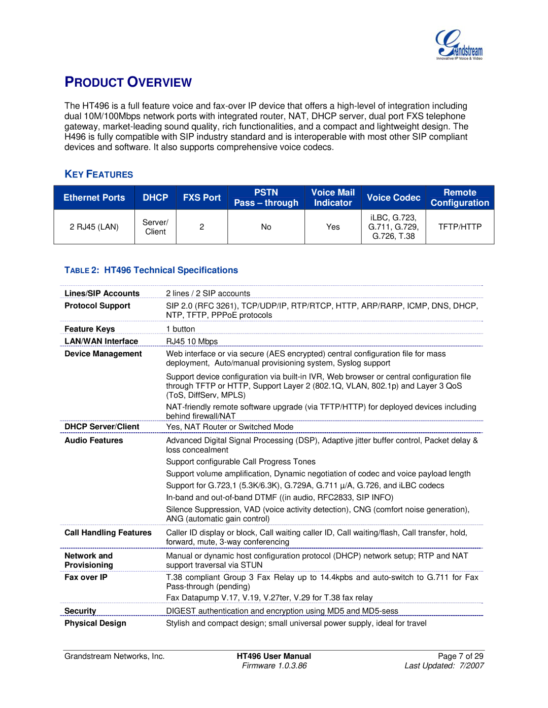 Grandstream Networks user manual Product Overview, KEY Features, HT496 Technical Specifications 