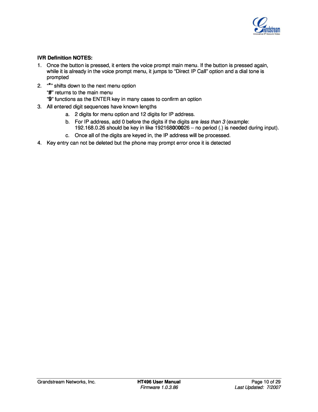 Grandstream Networks HT496 user manual IVR Definition NOTES 