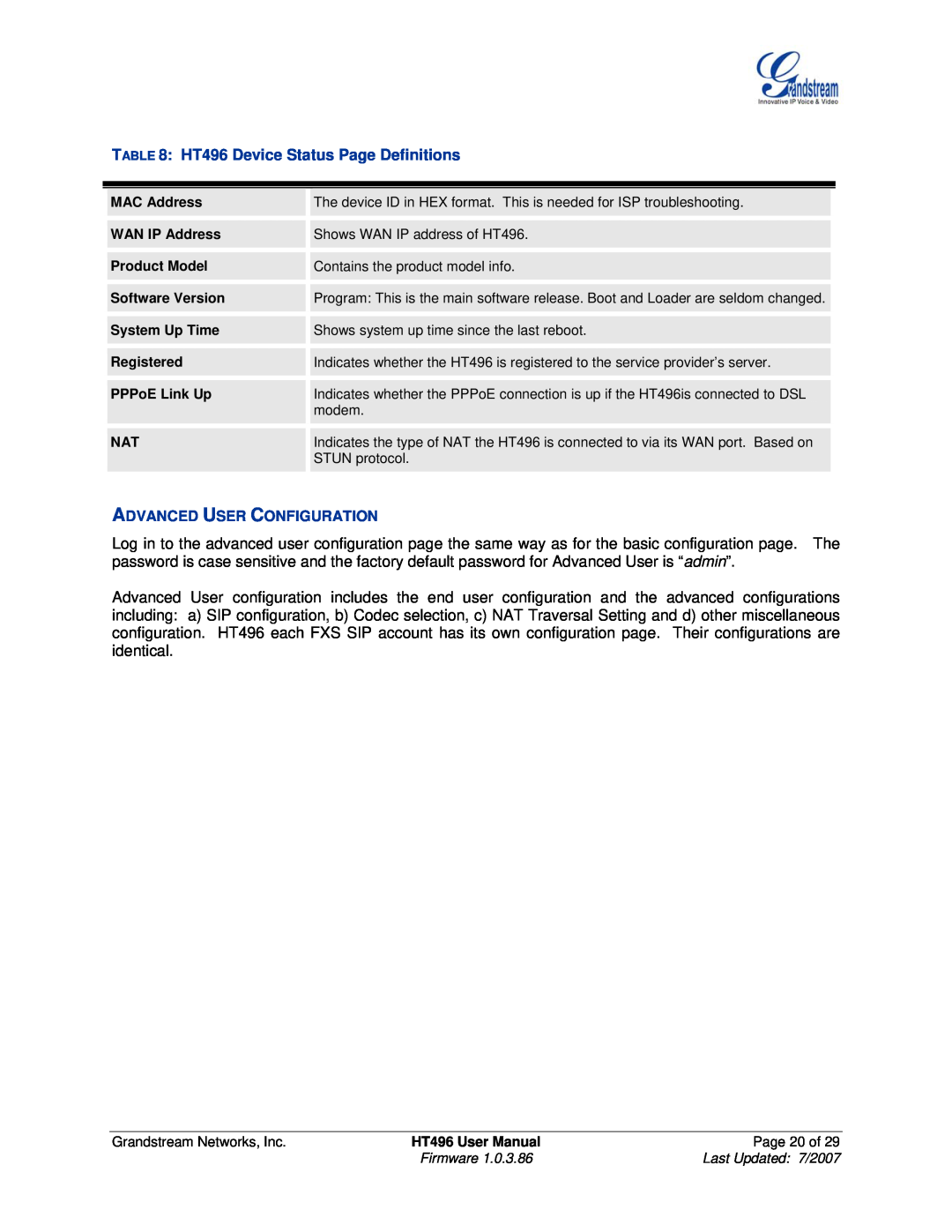 Grandstream Networks user manual HT496 Device Status Page Definitions, Advanced User Configuration 