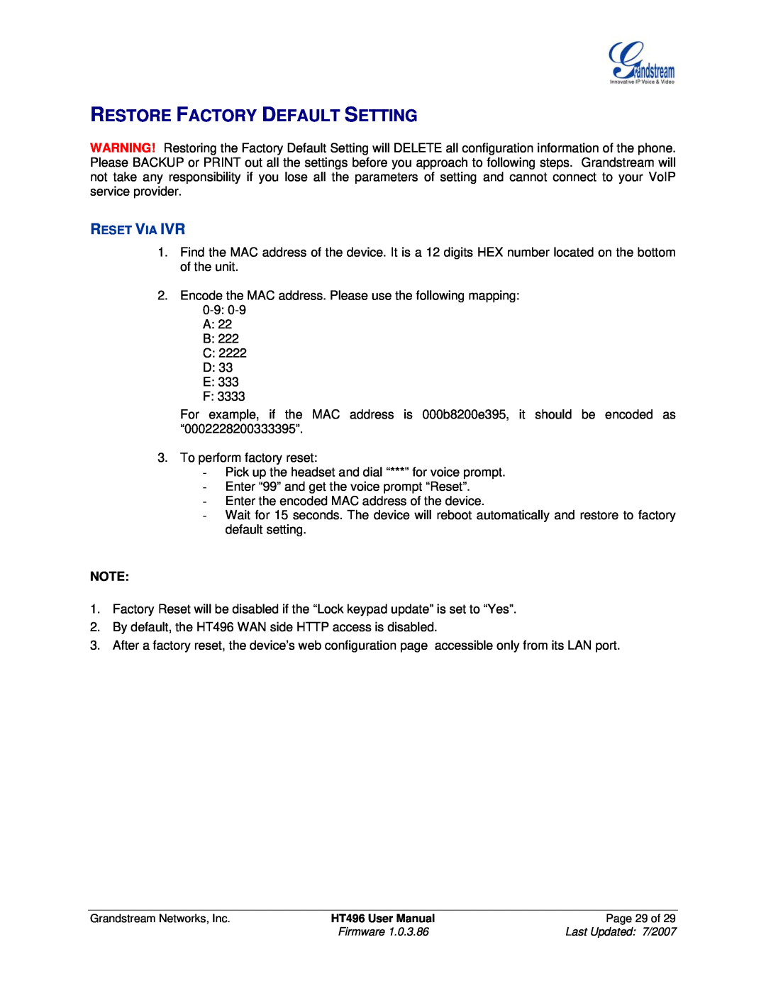 Grandstream Networks HT496 user manual Restore Factory Default Setting, Reset Via Ivr 