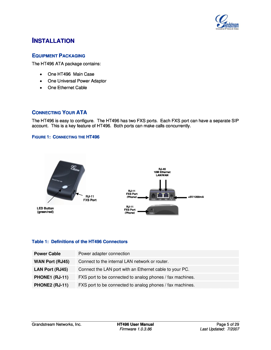 Grandstream Networks Installation, Equipment Packaging, Connecting Your Ata, Definitions of the HT496 Connectors 
