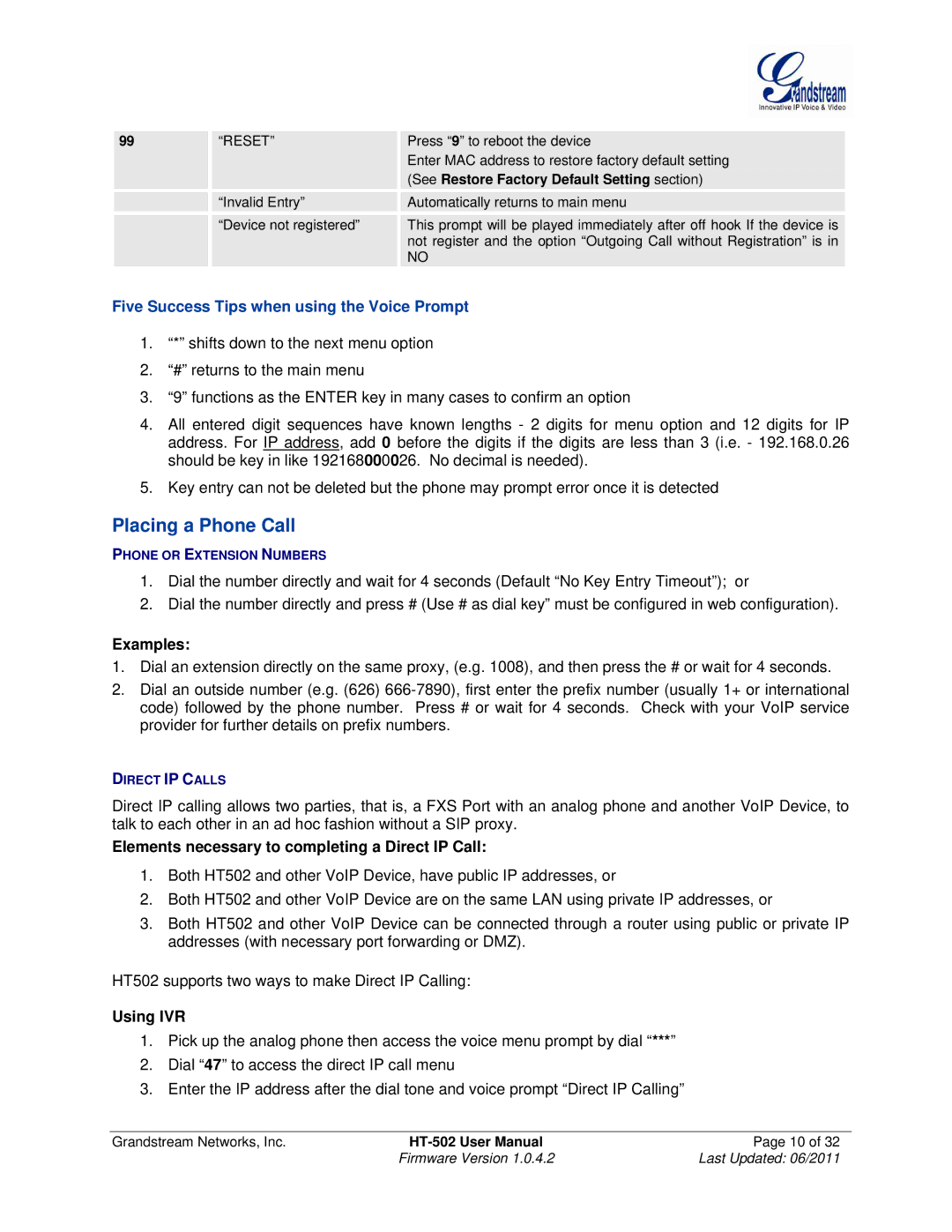 Grandstream Networks HT502 Placing a Phone Call, Examples, Elements necessary to completing a Direct IP Call, Using IVR 