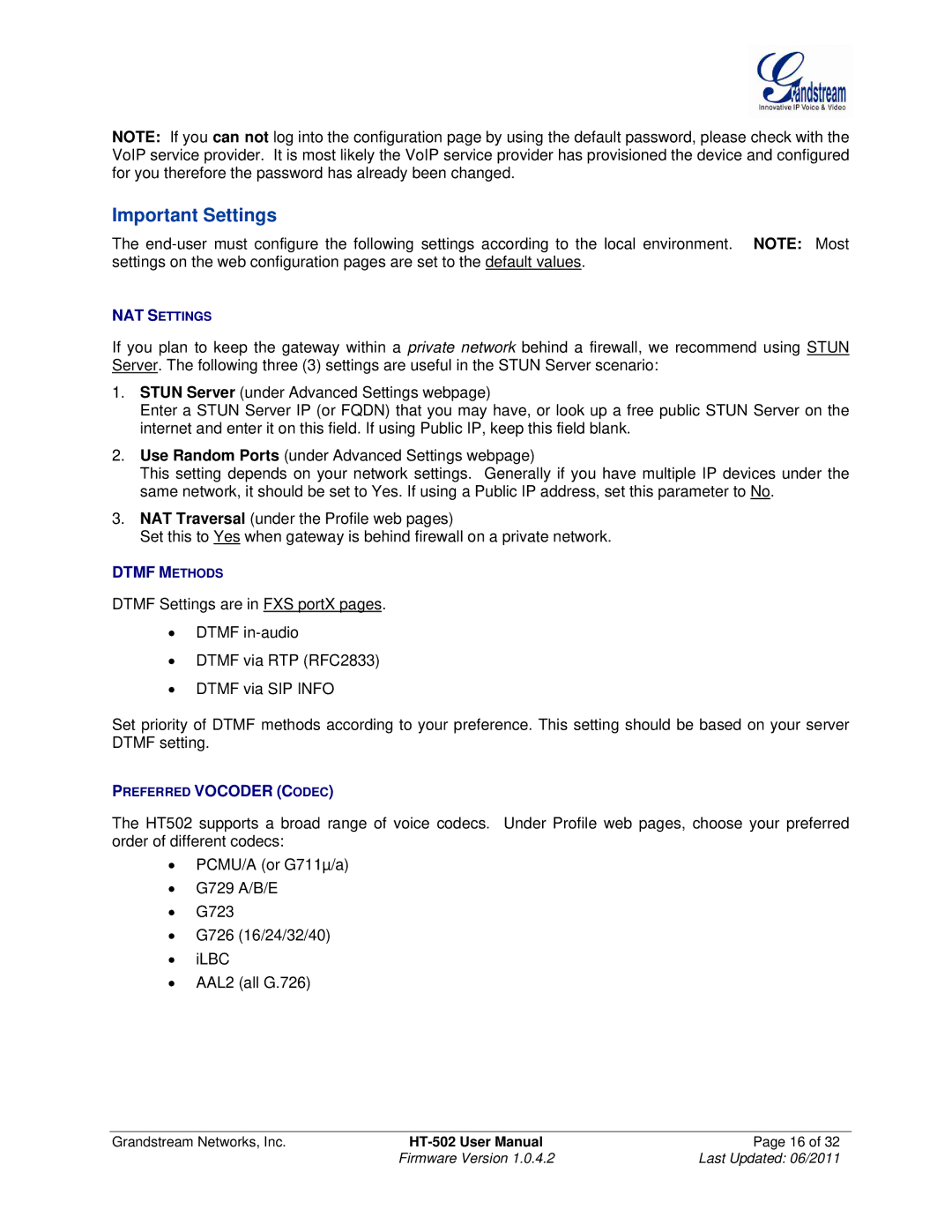 Grandstream Networks HT502 user manual Important Settings, Dtmf Methods 