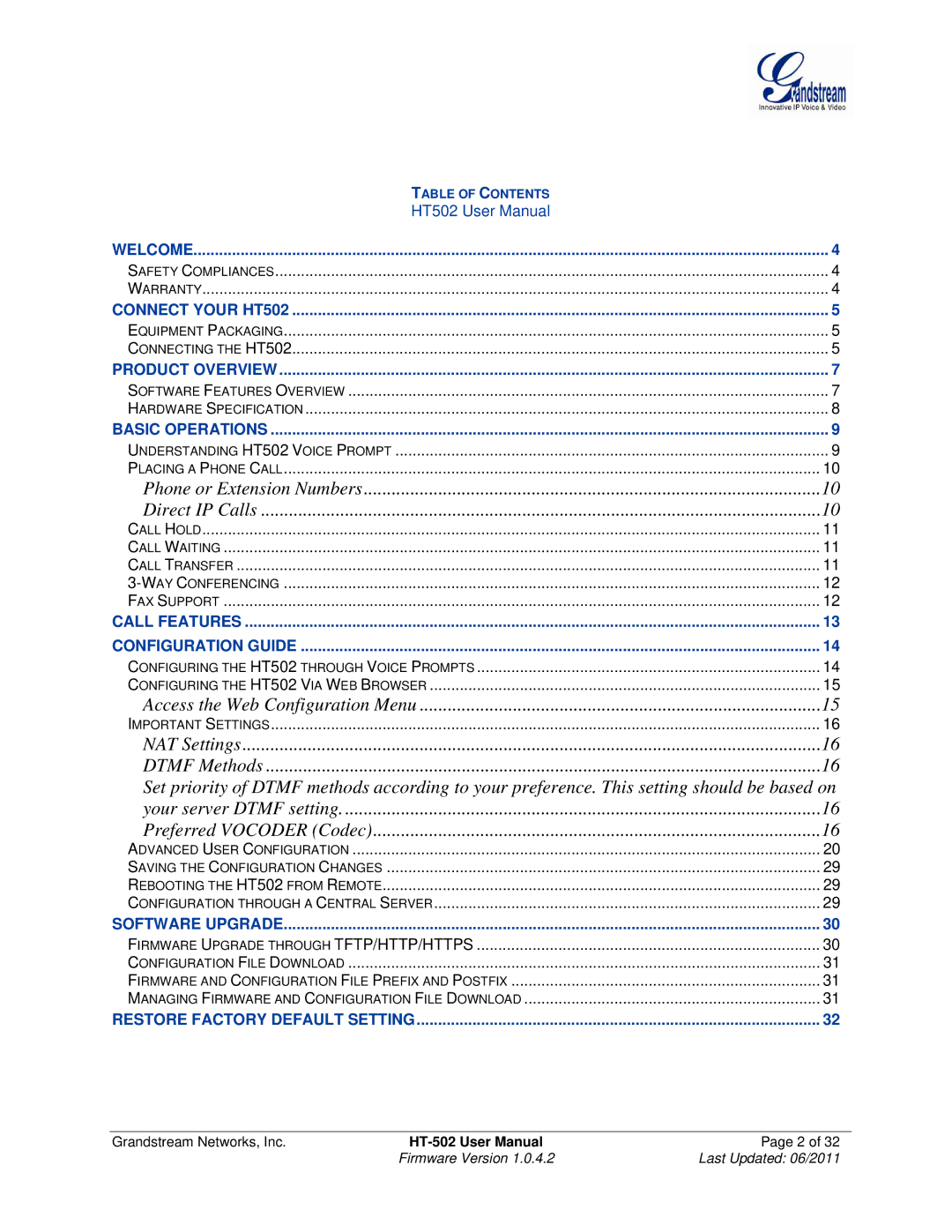 Grandstream Networks HT502 user manual NAT Settings 