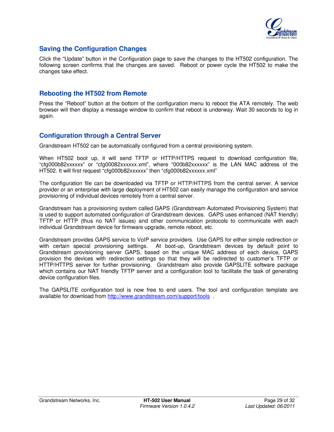 Grandstream Networks user manual Saving the Configuration Changes, Rebooting the HT502 from Remote 