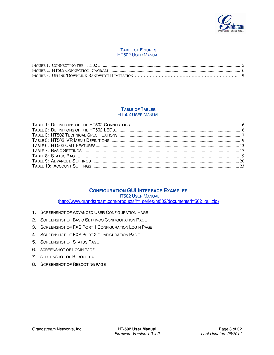 Grandstream Networks HT502 user manual Configuration GUI Interface Examples 